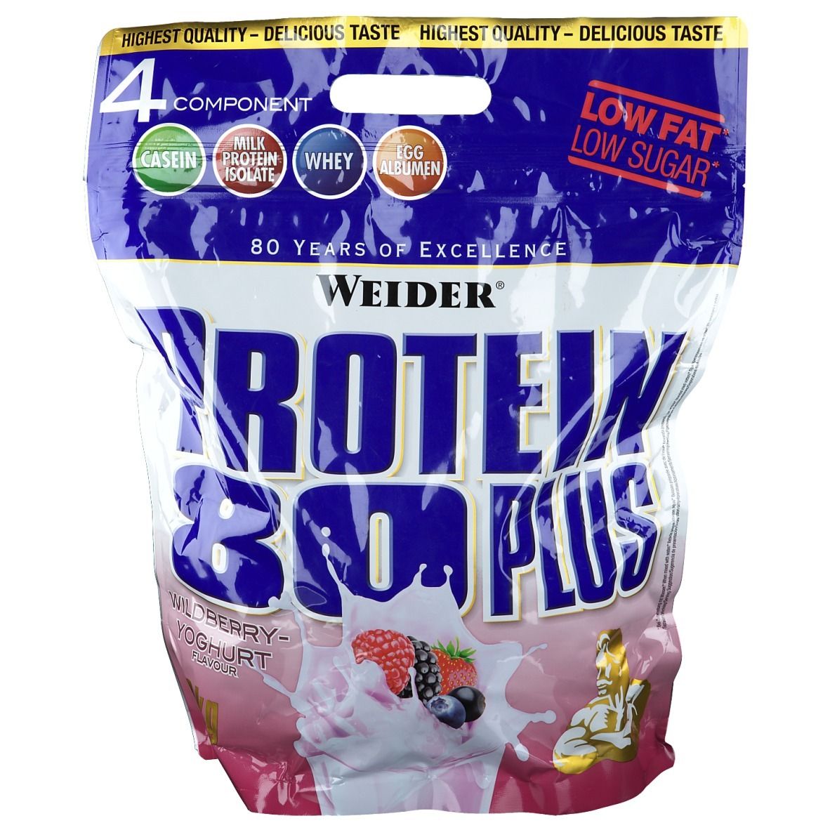 Sachet Weider Protein 80 Plus. Inscription : 4 composants, caséine, isolat de protéine de lait, lactosérum, albumine d'œuf. Yaourt aux fruits des bois.