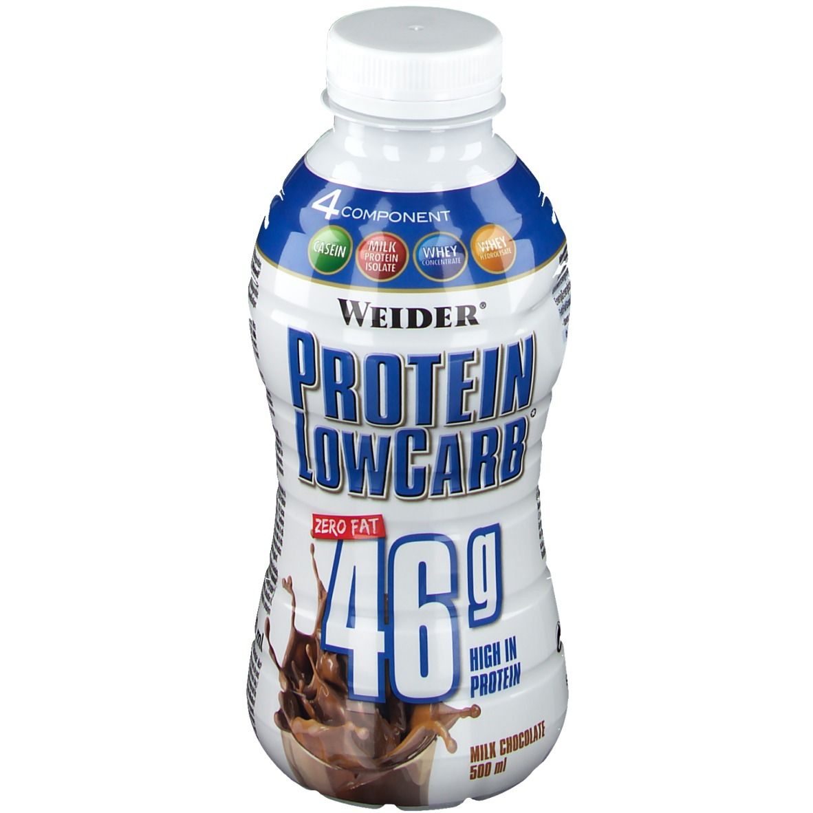 Boisson Weider Protein Low Carb, chocolat. Bouteille blanche avec étiquette bleue. Contient 46g de protéines. Chocolat au lait, 500 ml.