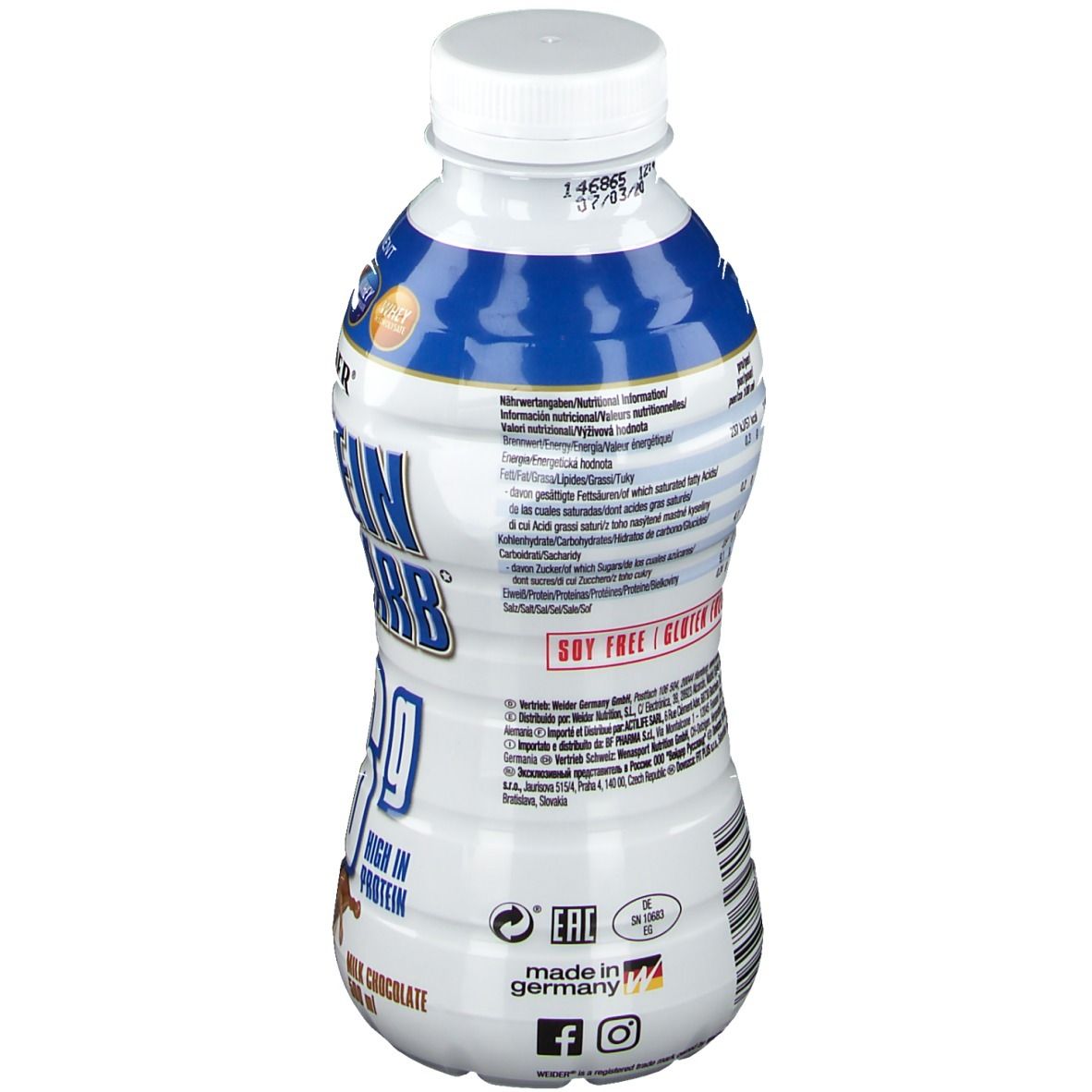 Dos de la bouteille Weider Protein Low Carb. Contient des informations sur les ingrédients et la valeur nutritionnelle. Fabriqué en Allemagne.