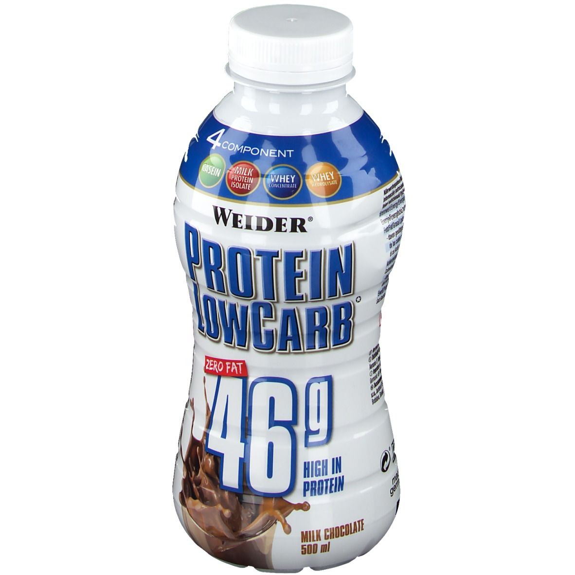 Boisson Weider Protein Low Carb, chocolat. Bouteille blanche avec étiquette bleue. Contient 46g de protéines. Chocolat au lait, 500 ml.