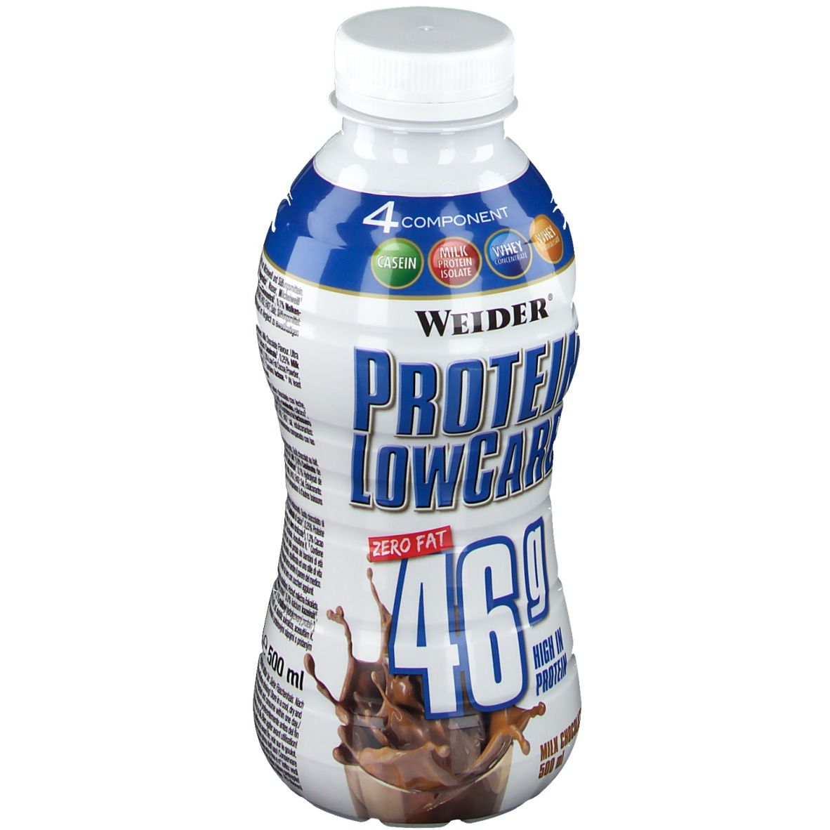 Boisson Weider Protein Low Carb, chocolat. Bouteille blanche avec étiquette bleue. Contient 46g de protéines. Chocolat au lait, 500 ml.