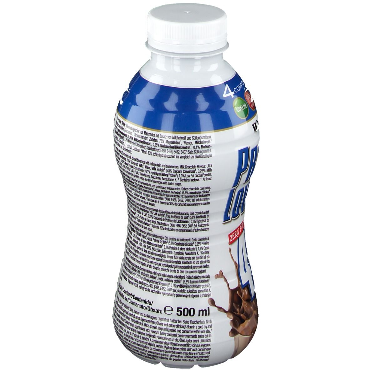 Dos de la bouteille Weider Protein Low Carb. Contient des informations sur les ingrédients et la valeur nutritionnelle. 500 ml.