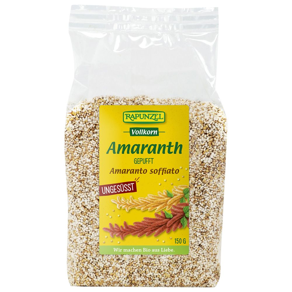 Emballage de RAPUNZEL Alpen Amaranth soufflé. Étiquette jaune avec nom du produit et indication 150g. Non sucré.