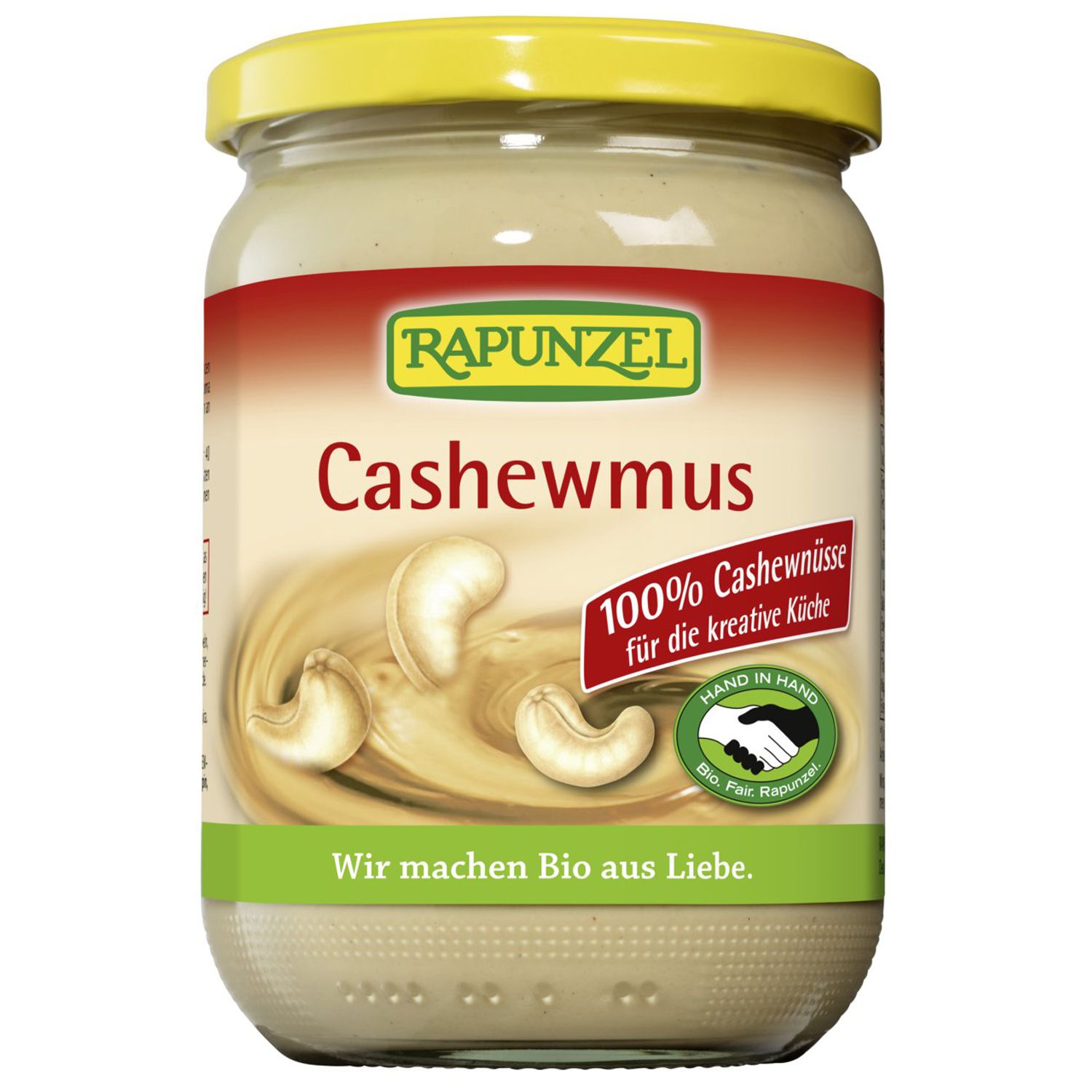 Pot de purée de cajou RAPUNZEL. Inscription Cashewmus et noix de cajou. Label bio. Couvercle jaune.
