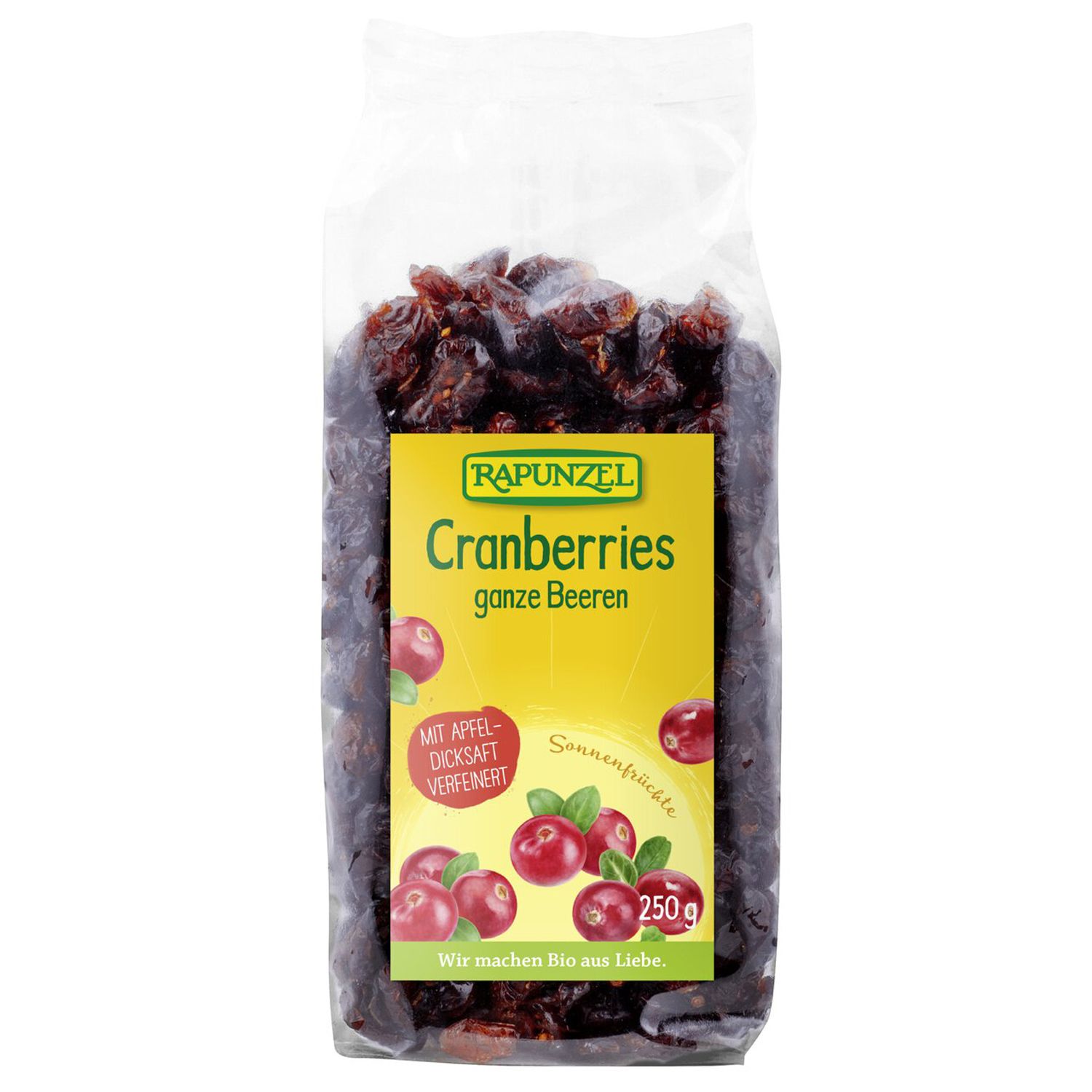 Sachet transparent de canneberges séchées. Étiquette jaune avec nom du produit et illustration de canneberges. 250g.
