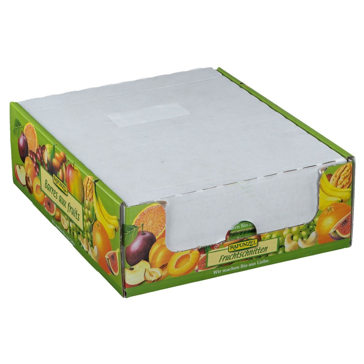 Boîte en carton avec illustrations de fruits et texte. Couvercle fermé. Inscription : RAPUNZEL Fruchtschnitten.