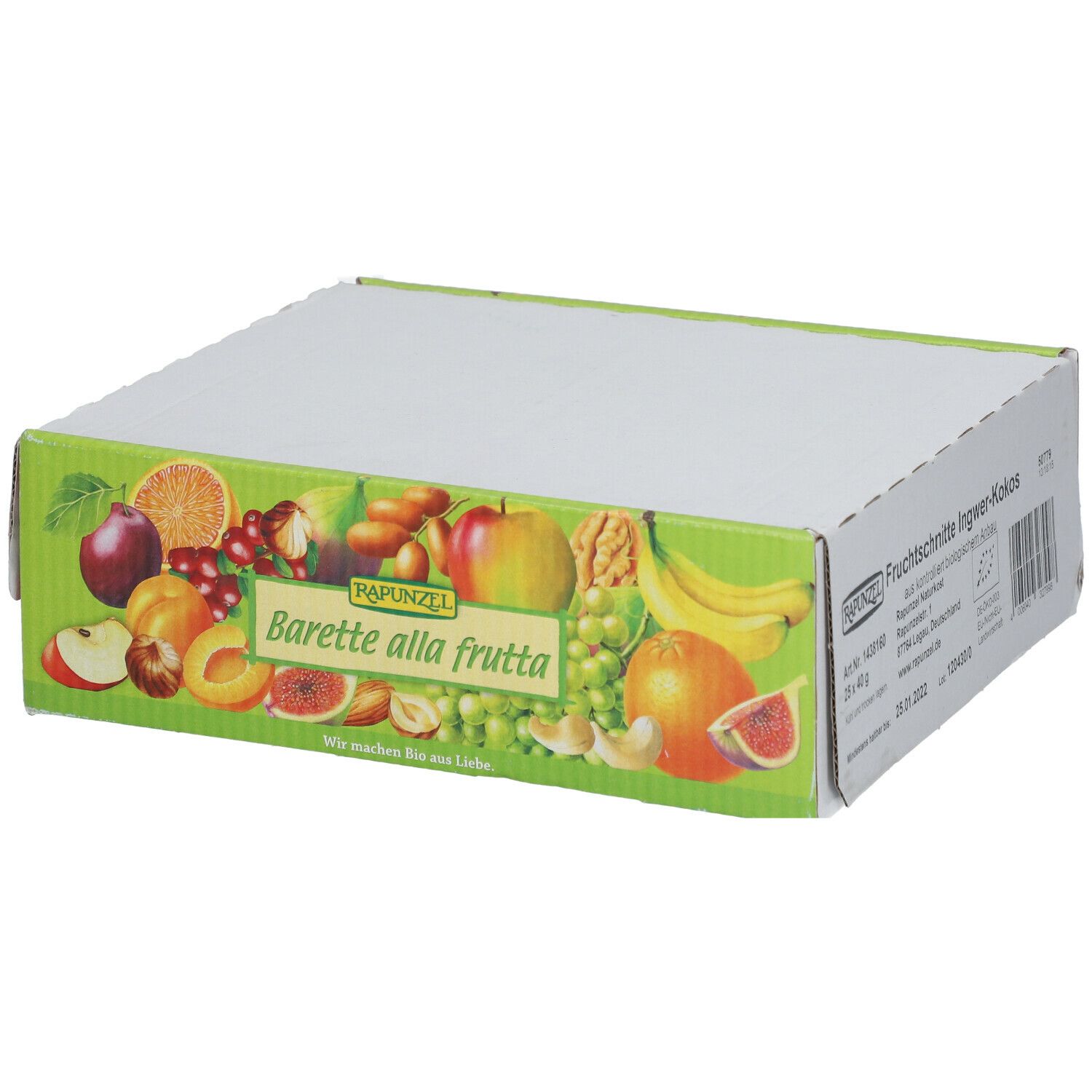 Boîte en carton avec illustrations de fruits et texte. Inscription : RAPUNZEL Baretta alla frutta. Couvercle fermé.