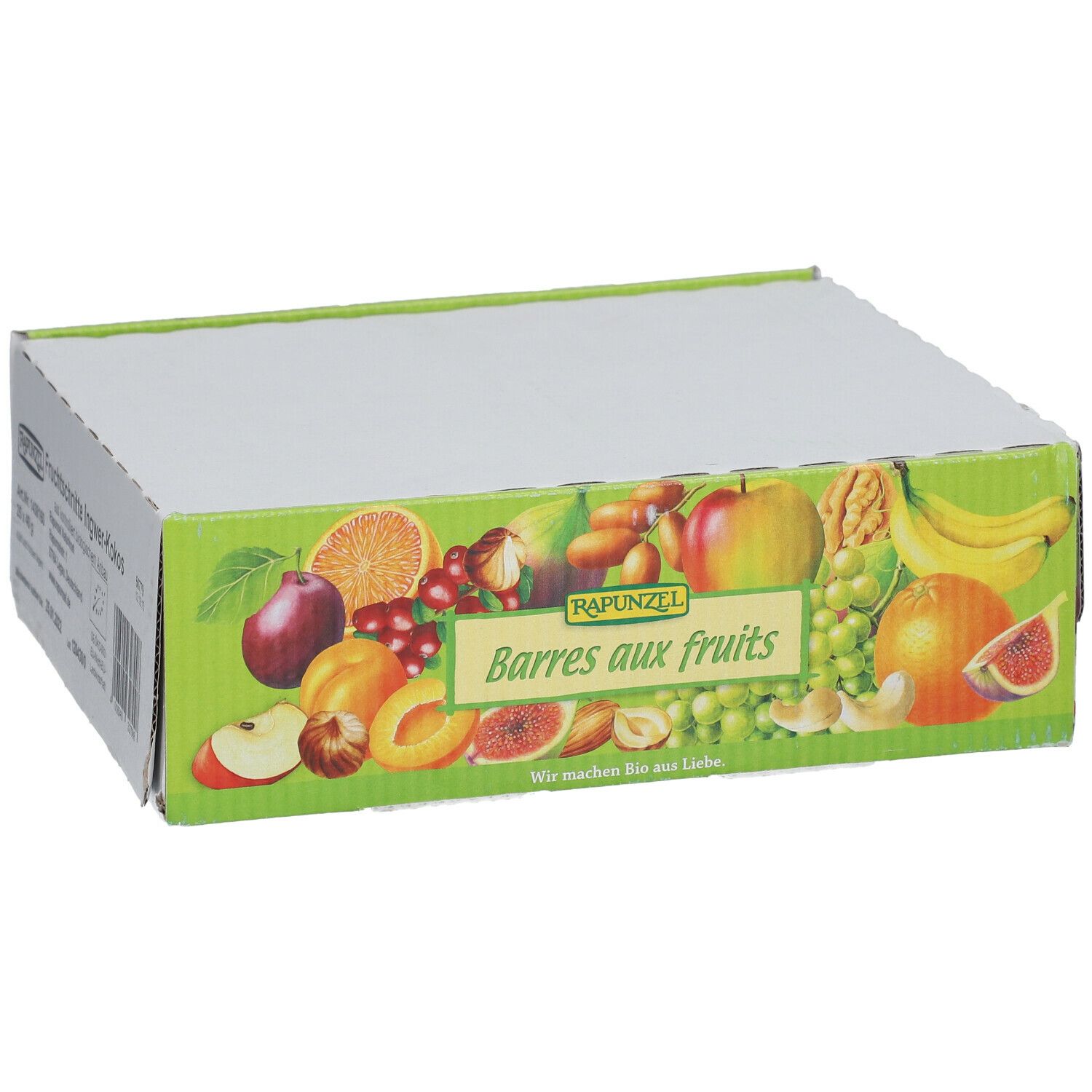 Boîte en carton avec illustrations de fruits et texte. Inscription : RAPUNZEL Barres aux fruits. Couvercle fermé.