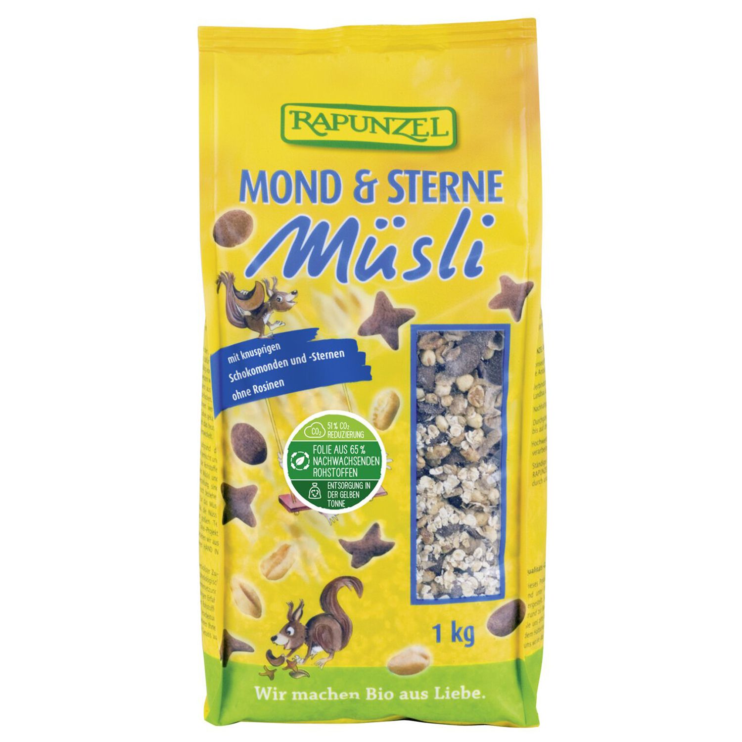 Paquet jaune de muesli. Inscription : Mond & Sterne Müsli. Fenêtre avec mélange de muesli. Label bio et 1 kg.