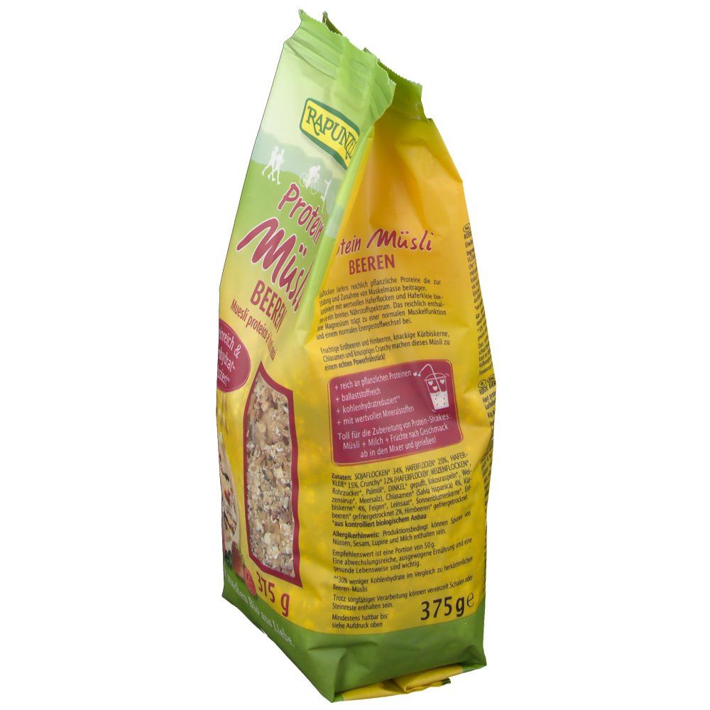 Vue latérale de l'emballage RAPUNZEL Bio Protein-Müsli, Beeren. Sachet vert et jaune avec image et texte du produit. 375g. Vue détaillée de la liste des ingrédients.