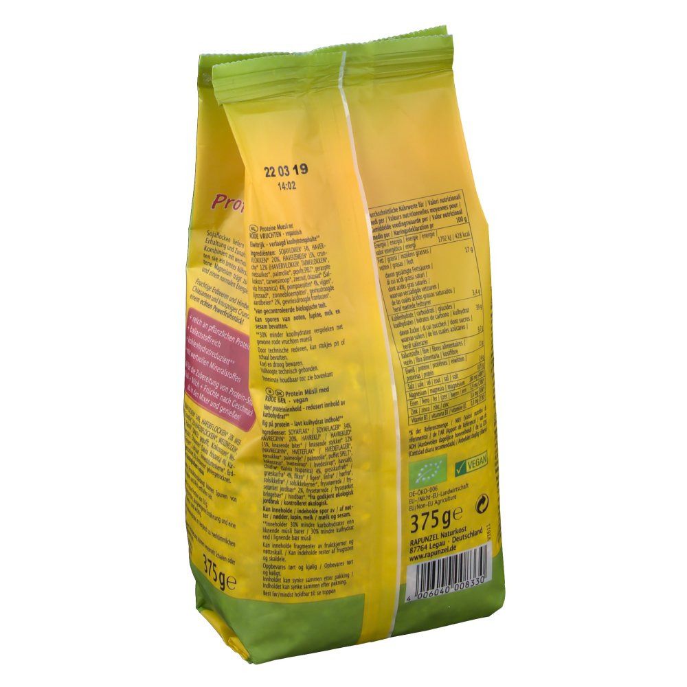 Dos de l'emballage RAPUNZEL Bio Protein-Müsli, Beeren. Sachet jaune-vert avec texte et informations nutritionnelles. 375g. Date de péremption.