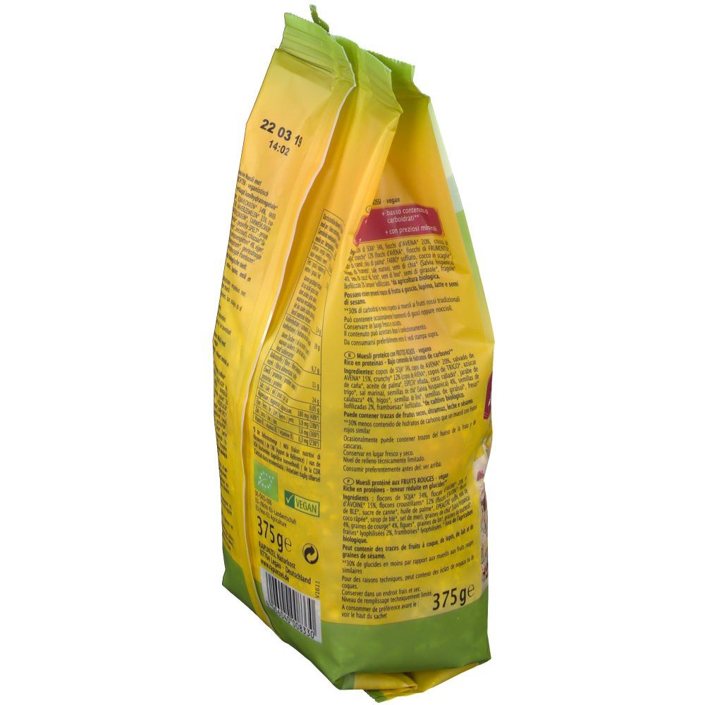 Vue oblique du dos de l'emballage RAPUNZEL Bio Protein-Müsli, Beeren. Sachet jaune-vert avec texte et informations nutritionnelles. 375g.