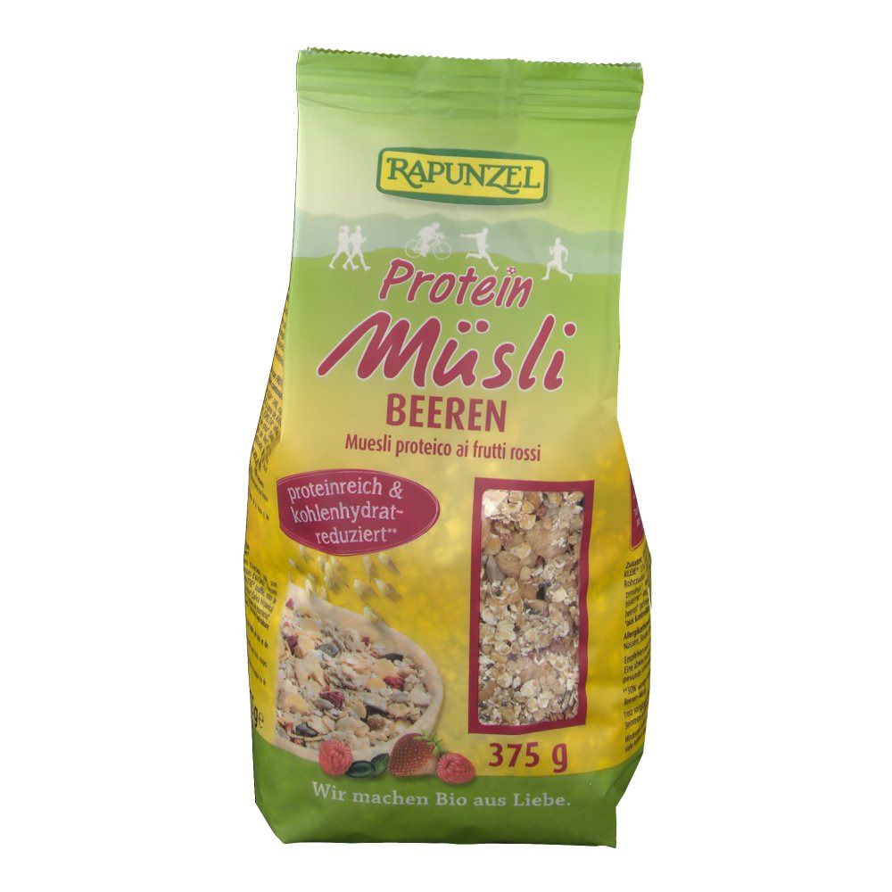 Vue de face de l'emballage RAPUNZEL Bio Protein-Müsli, Beeren. Sachet vert et jaune avec image et texte du produit. 375g. Riche en protéines et réduit en glucides.