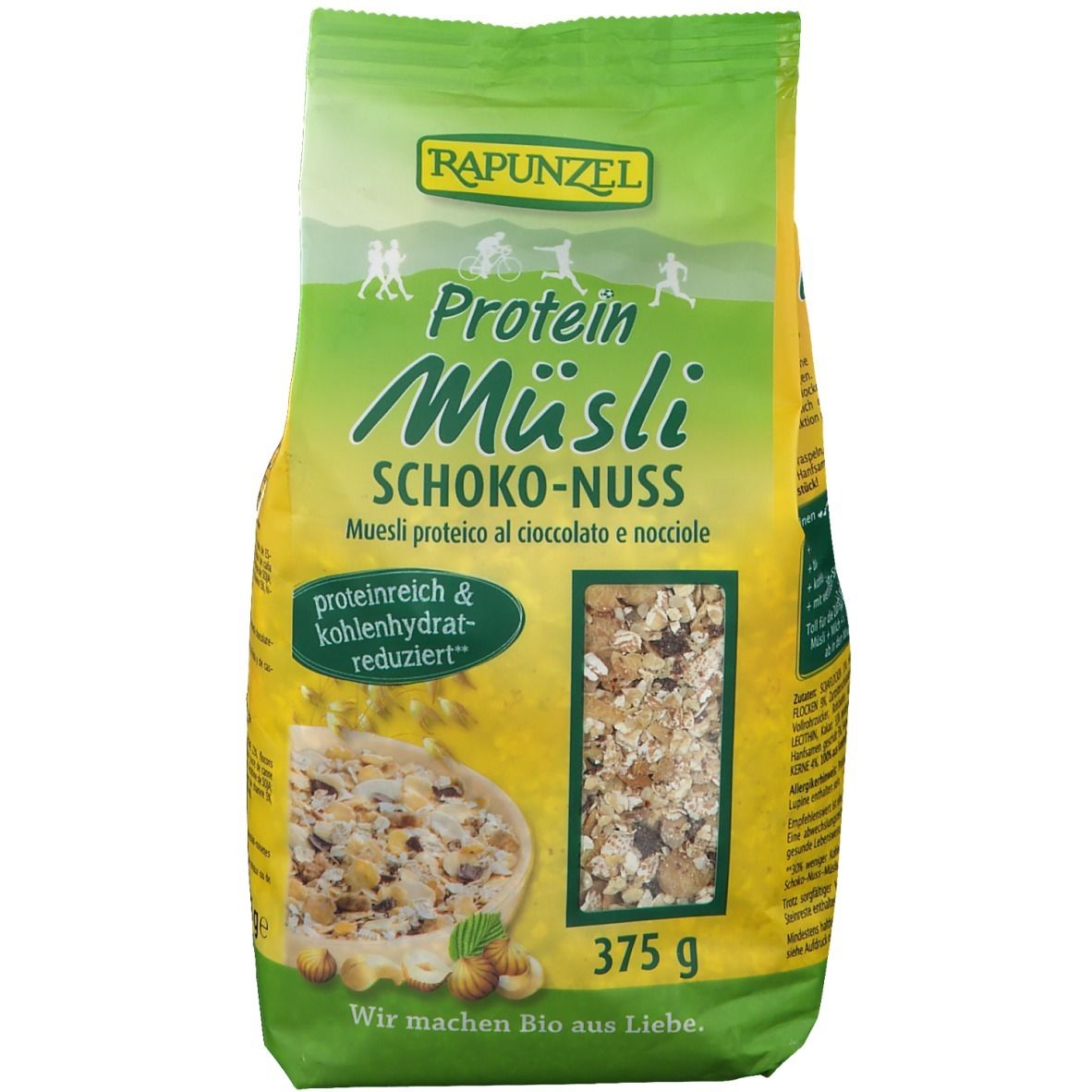 Paquet vert de Rapunzel Protein Müsli Schoko-Nuss. Fenêtre montrant le mélange de muesli. Texte : riche en protéines et réduit en glucides. 375g.