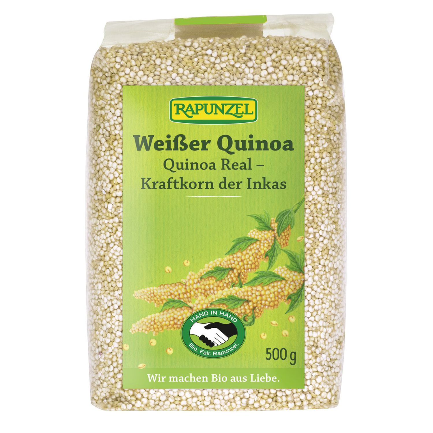 Quinoa Bio RAPUNZEL en emballage transparent. Inscription : Quinoa blanc, 500g, label bio. Logo Hand in Hand.
