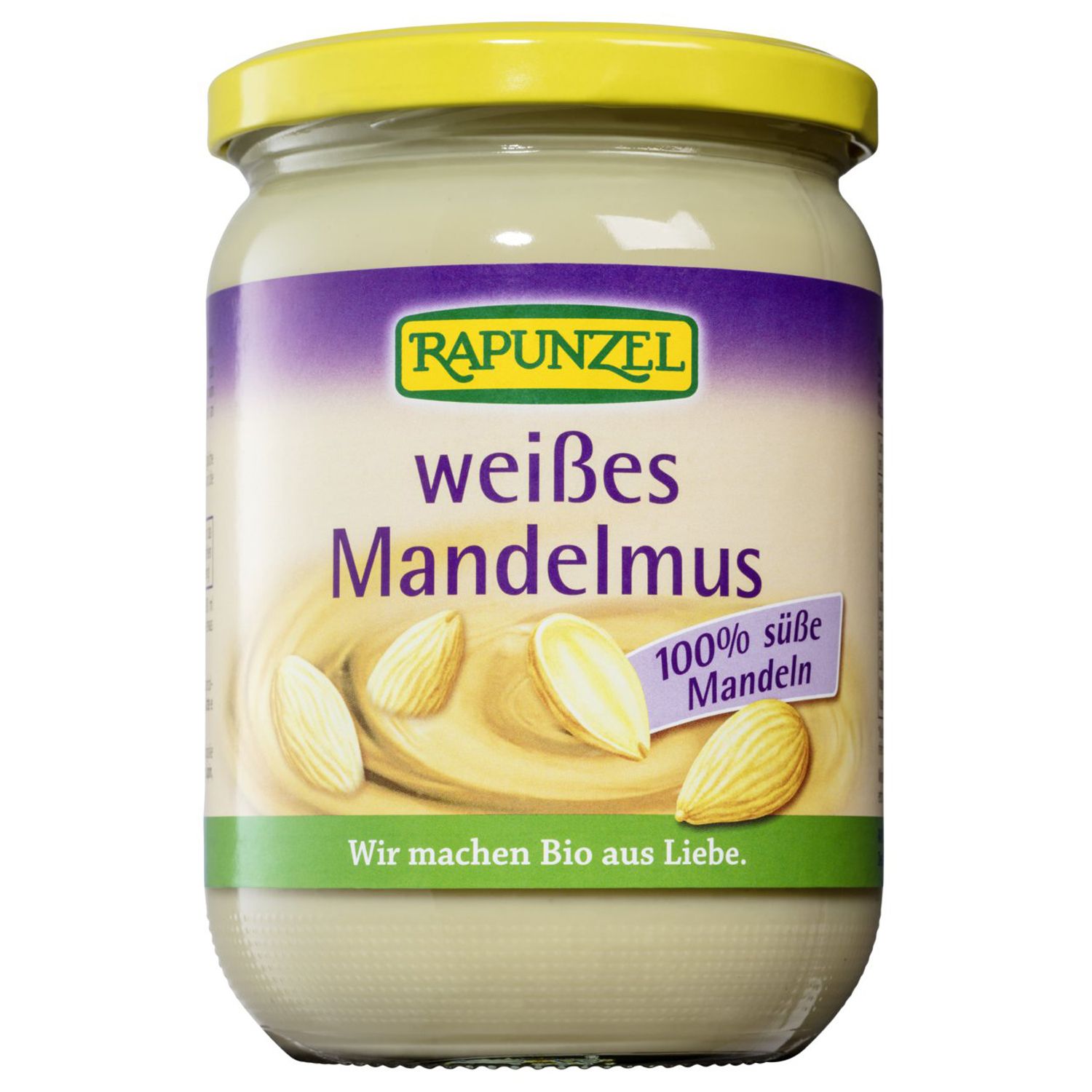 Pot de beurre d'amandes blanc. Inscription : RAPUNZEL, weißes Mandelmus, 100% süße Mandeln. Label bio.