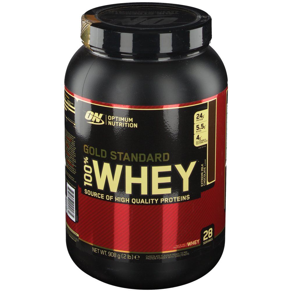 Pot noir avec étiquette rouge. Inscription : Gold Standard 100% Whey, Optimum Nutrition. Couvercle et étiquette avec informations.
