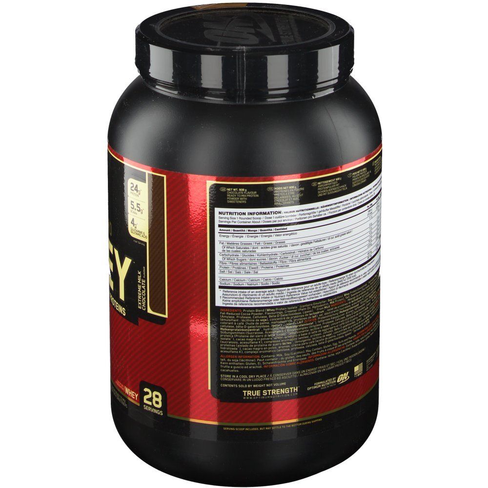 Pot noir avec étiquette rouge. Inscription : Gold Standard 100% Whey, Optimum Nutrition. Dos avec informations nutritionnelles et produit.