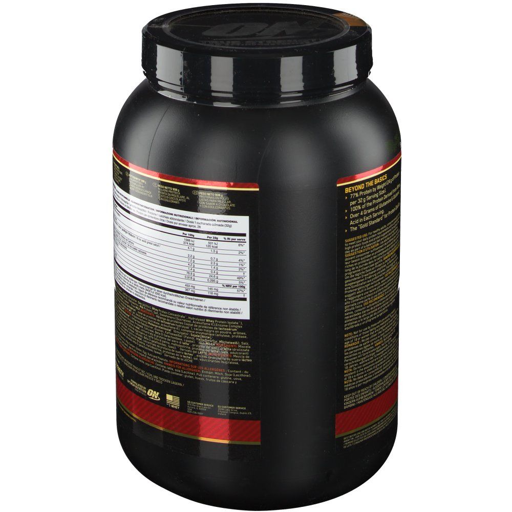 Pot noir avec étiquette rouge. Inscription : Gold Standard 100% Whey, Optimum Nutrition. Dos avec informations produit et nutritionnelles.