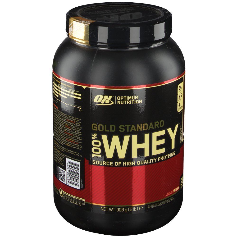 Pot noir avec étiquette rouge. Inscription : Gold Standard 100% Whey, Optimum Nutrition. Couvercle et étiquette avec informations.