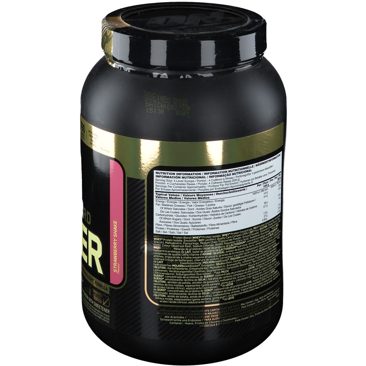 Pot noir, dos avec informations nutritionnelles. Contient de la poudre de protéines et glucides saveur fraise.