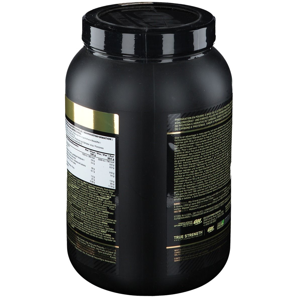 Pot noir, vue latérale avec informations nutritionnelles. Contient de la poudre de protéines et glucides saveur fraise.