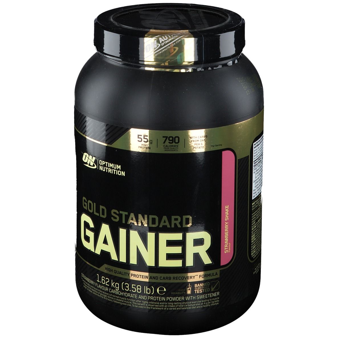 Pot noir "Gold Standard Gainer". Contient 1,62 kg de poudre de protéines et glucides saveur fraise.