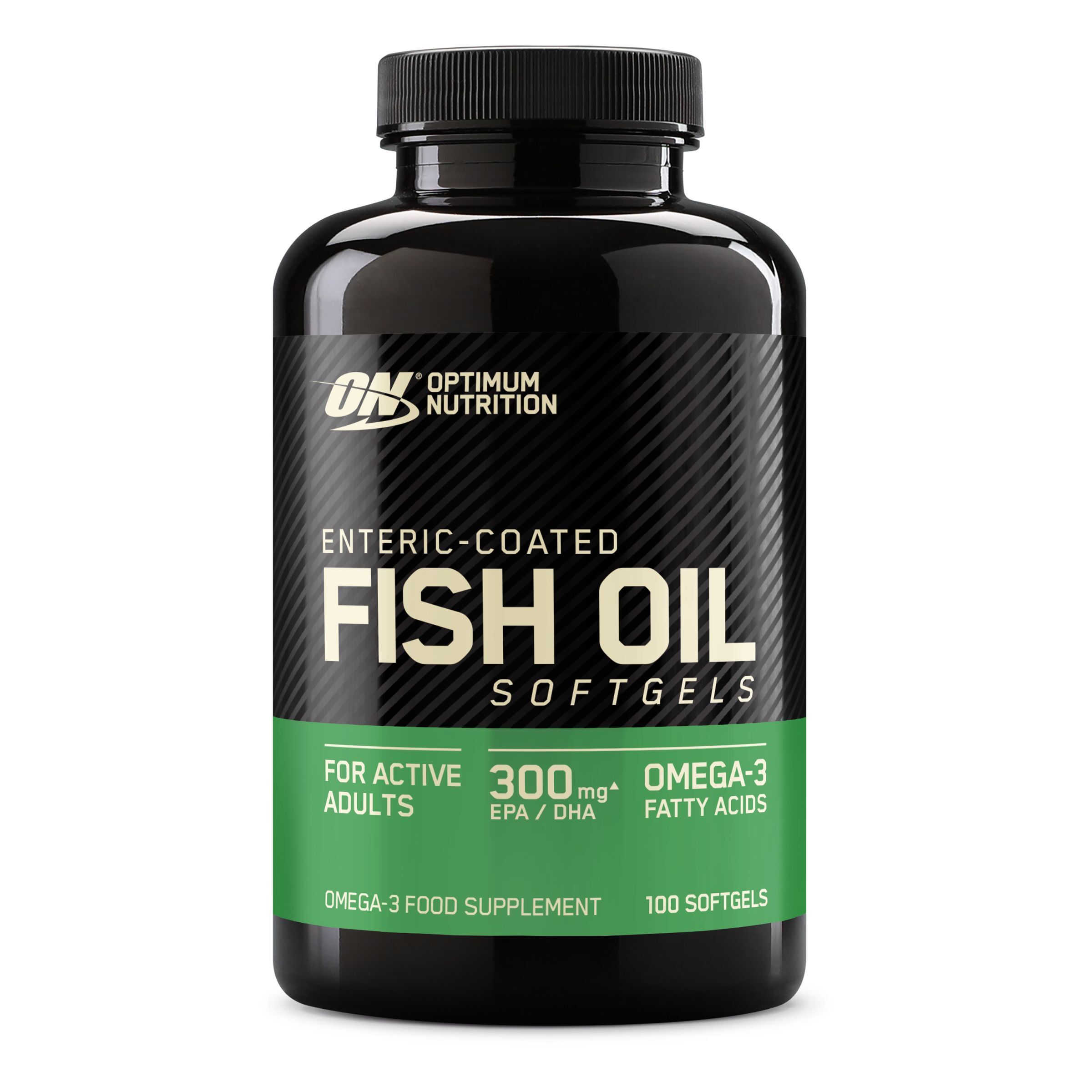 Flacon noir d'huile de poisson. Inscription: Optimum Nutrition, Enteric-Coated Fish Oil Softgels. 100 gélules.