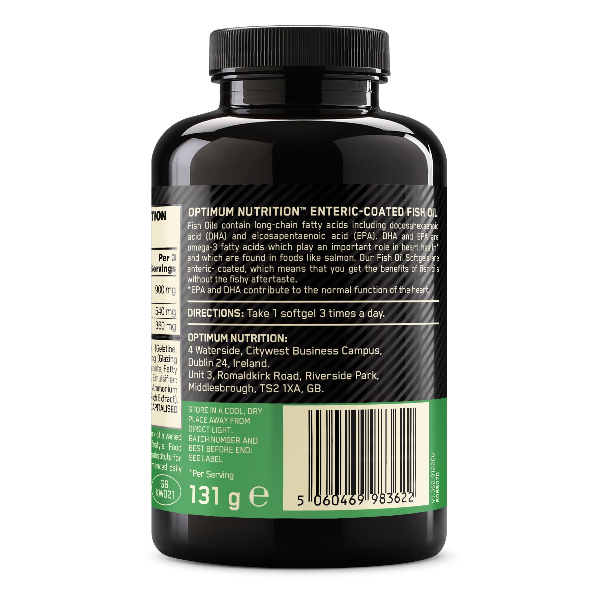 Dos du flacon d'huile de poisson. Texte: Optimum Nutrition, Enteric-Coated Fish Oil. Ingrédients, mode d'emploi, adresse.
