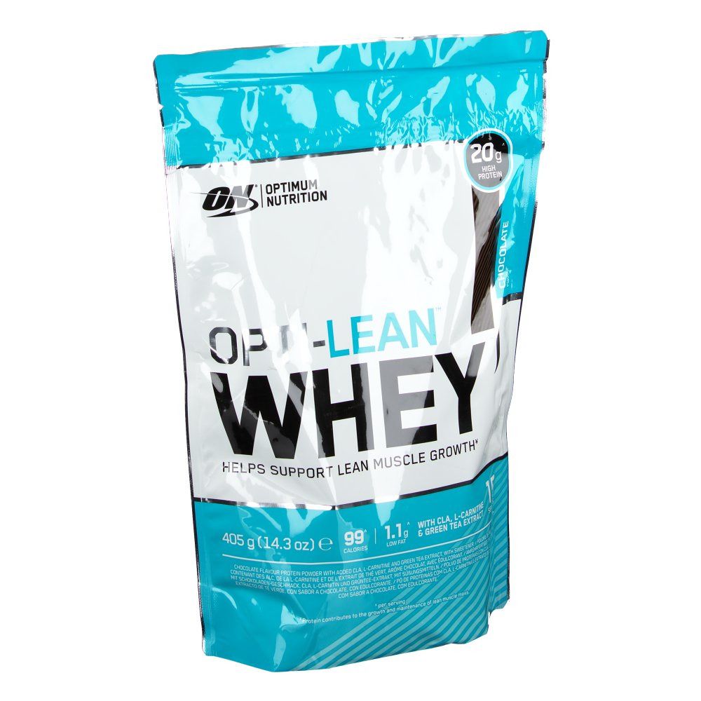 Sachet Optimum Nutrition Opti-Lean Whey. Contient 20g de protéines. Paquet de 405g. Aide à la croissance musculaire. Avec CLA, L-Carnitine et extrait de thé vert.