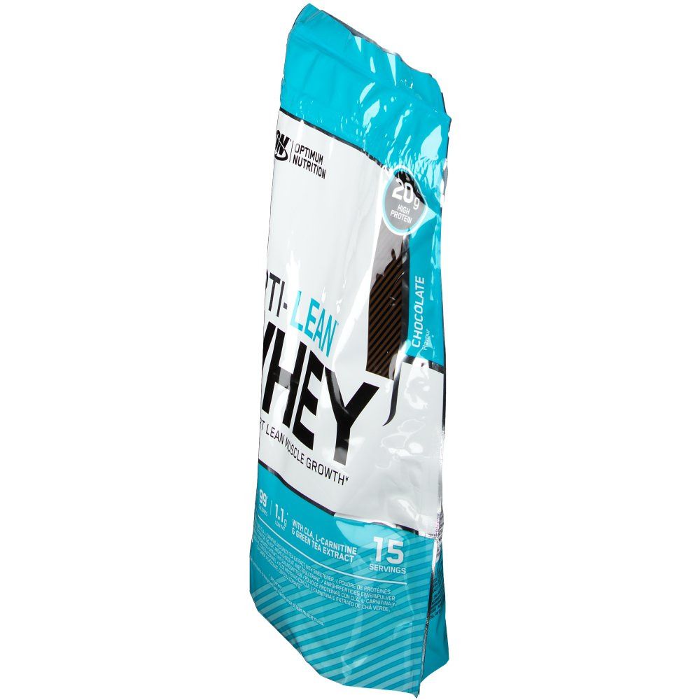 Sachet Opti-Lean Whey, Chocolat. Contient 20g de protéines. Aide à la croissance musculaire. Avec CLA, L-Carnitine et extrait de thé vert. 15 portions.