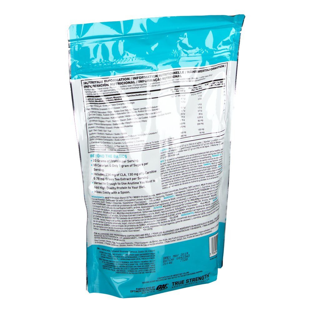Dos du sachet Opti-Lean Whey. Contient des informations nutritionnelles, une liste d'ingrédients et des recommandations de consommation. Avec CLA, L-Carnitine et extrait de thé vert.