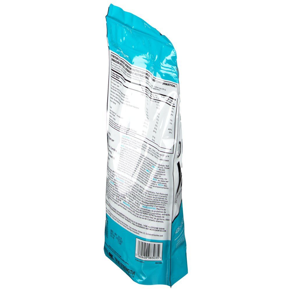 Vue latérale du sachet Opti-Lean Whey. Contient des informations nutritionnelles et une liste d'ingrédients. Avec CLA, L-Carnitine et extrait de thé vert.