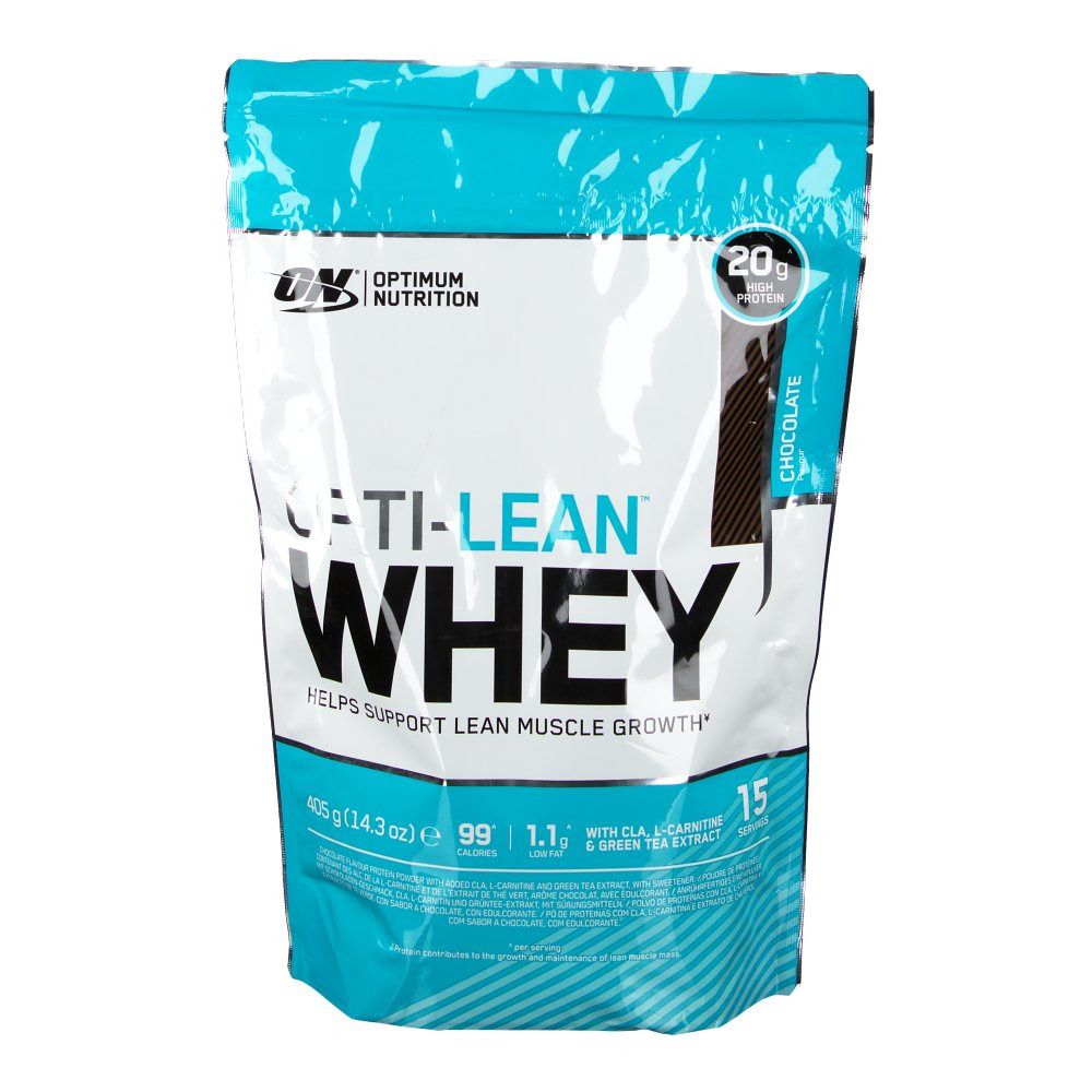 Sachet Opti-Lean Whey, Chocolat. Contient 20g de protéines. 15 portions. Aide à la croissance musculaire. Avec CLA, L-Carnitine et extrait de thé vert.