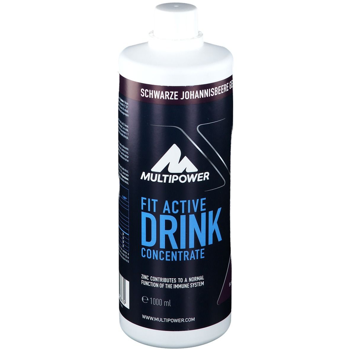 Bouteille de Multipower Fit Active Drink Concentrate, Johannisbeere. Cassis. Bouchon blanc, étiquette noire.