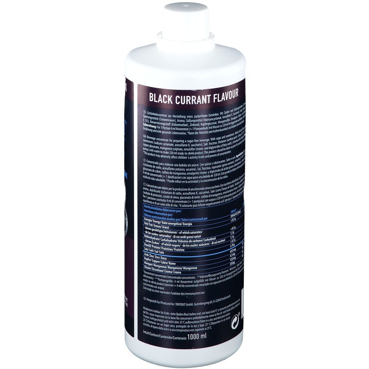 Dos de la bouteille de Multipower Fit Active Drink Concentrate. Goût cassis. Texte avec informations nutritionnelles et ingrédients.