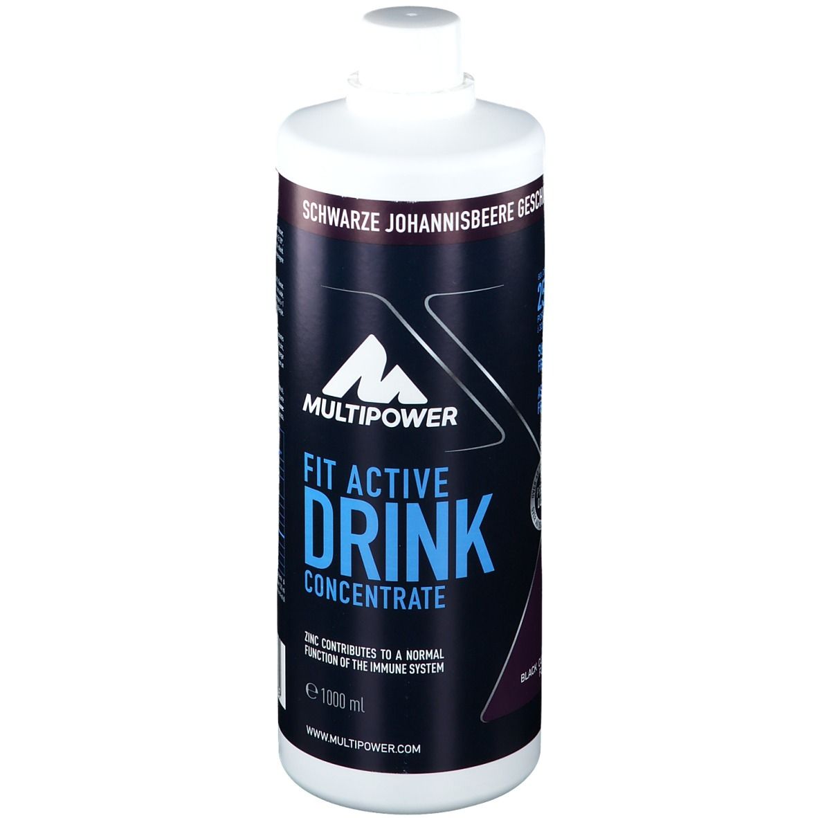 Bouteille de Multipower Fit Active Drink Concentrate, Johannisbeere. Cassis. Bouchon blanc, étiquette noire.