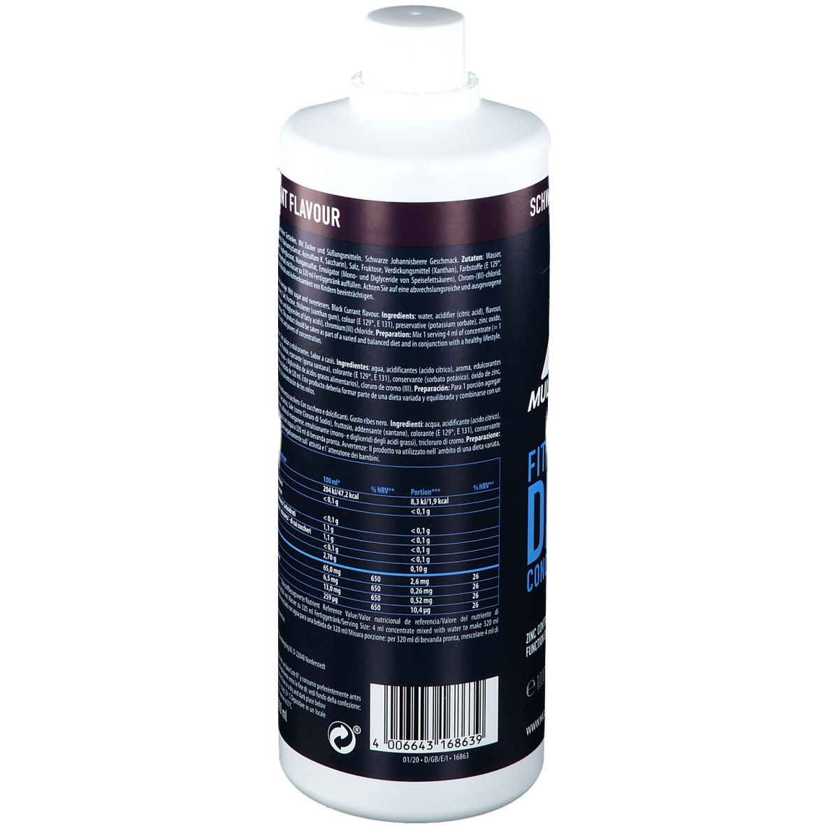 Dos de la bouteille de Multipower Fit Active Drink Concentrate. Goût cassis. Texte avec informations nutritionnelles et ingrédients.