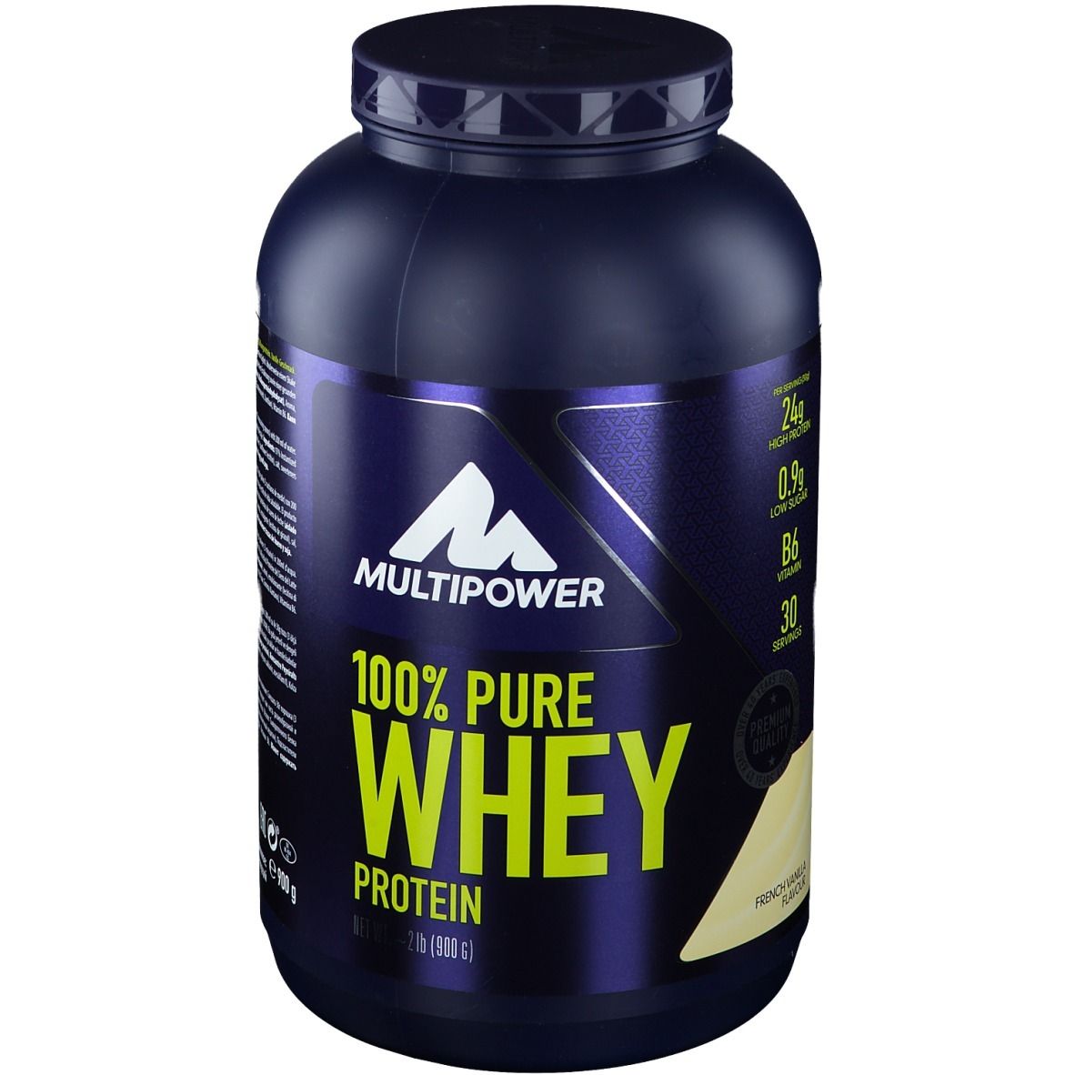Boîte bleu foncé avec logo Multipower et texte 100% Pure Whey Protein. Arôme vanille française. 900g.