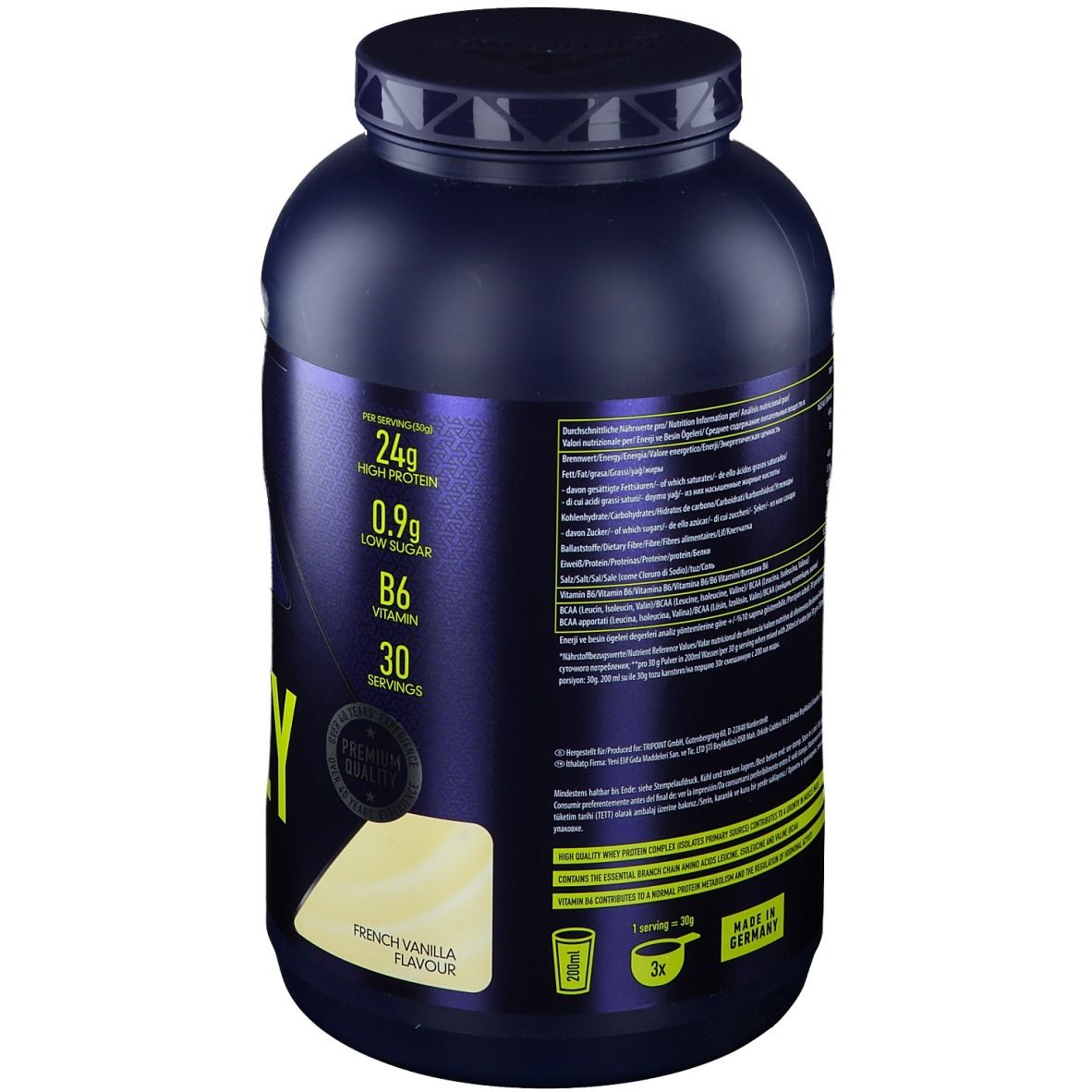 Dos de la boîte bleu foncé. Contient informations nutritionnelles, liste ingrédients et fabricant. Vanille française.