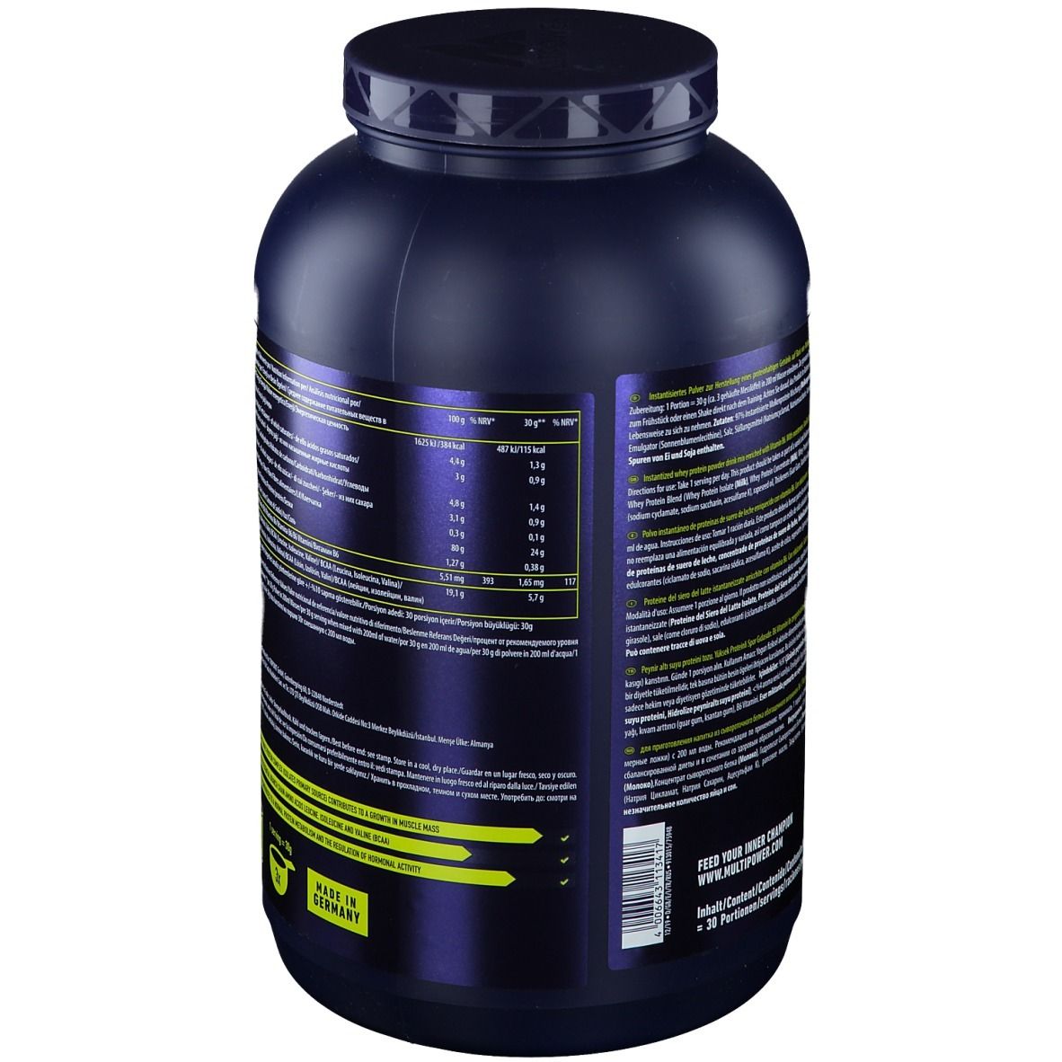 Dos de la boîte avec informations nutritionnelles, ingrédients et fabricant. Fabriqué en Allemagne.