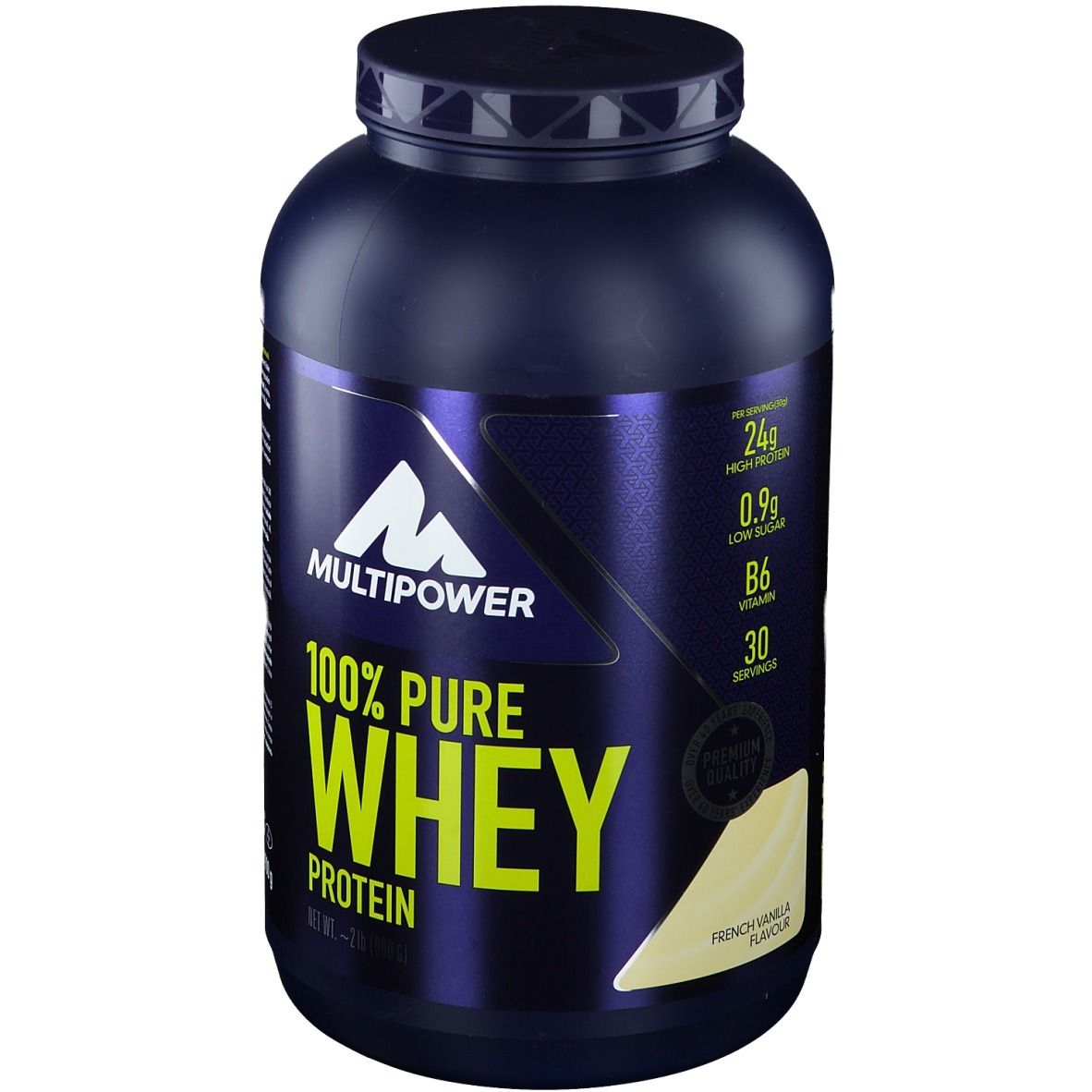 Boîte bleu foncé avec logo Multipower et texte 100% Pure Whey Protein. Arôme vanille française.
