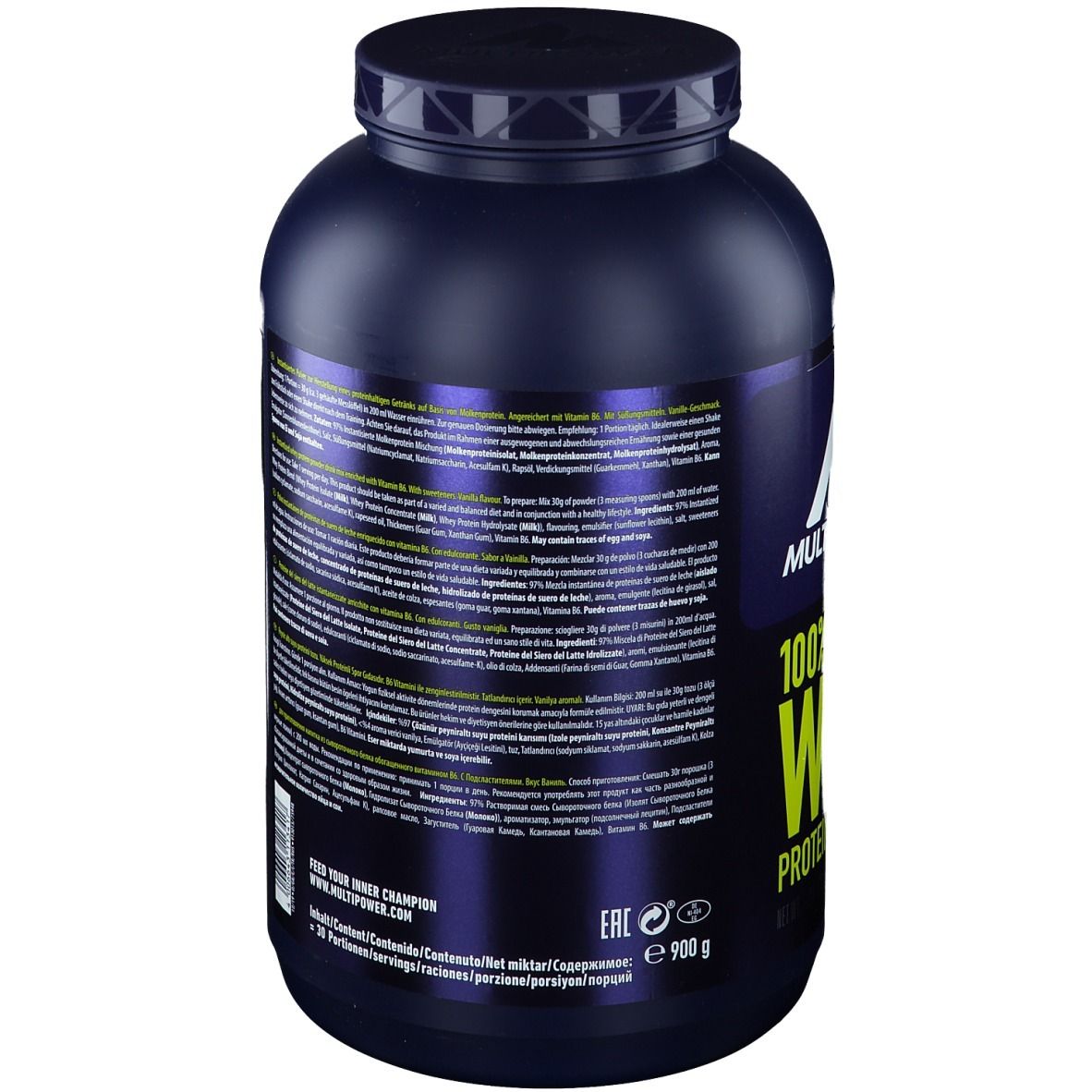 Dos de la boîte avec texte. Contient informations nutritionnelles, ingrédients et fabricant. 900g.