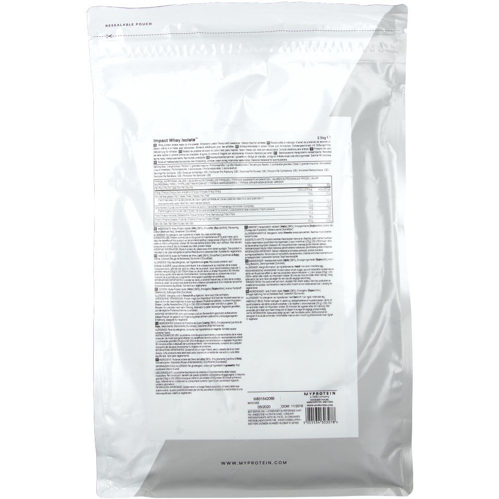 Dos du sac 'Impact Whey Isolate' avec texte et informations nutritionnelles. En bas: code-barres et 'Myprotein'.