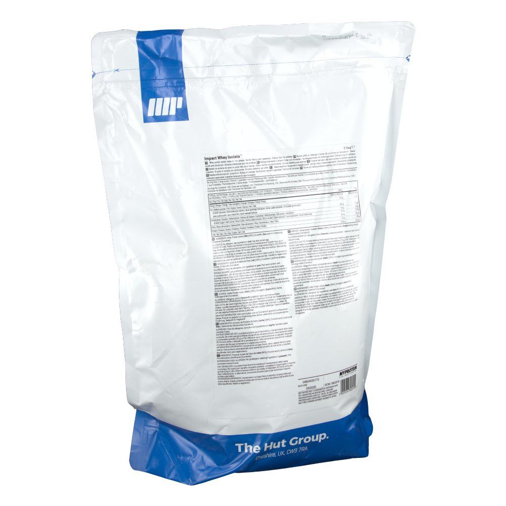 Dos d'un sachet blanc et bleu. Texte et logos. Inscription: The Hut Group.