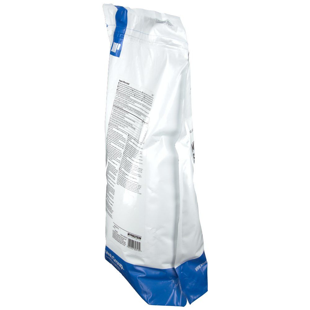 Dos incliné d'un sachet blanc et bleu. Texte et logos.