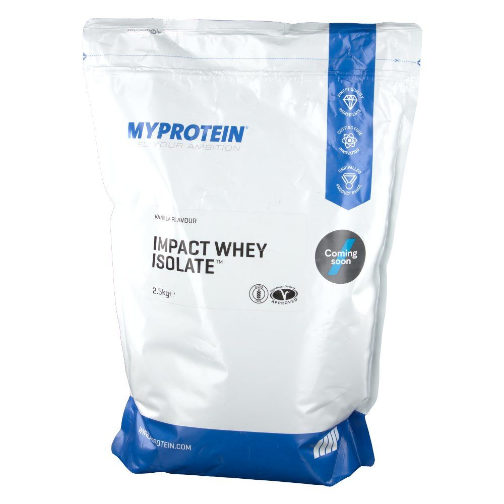 Sachet blanc et bleu. Inscription: MYPROTEIN, IMPACT WHEY ISOLATE, goût vanille. 2,5 kg. Sceaux et logo.