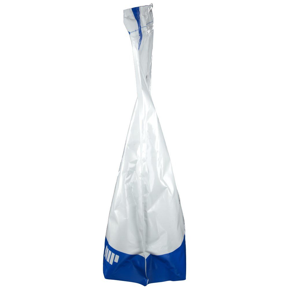 Vue latérale d'un sachet blanc avec base bleue. Fermé et tordu en haut.