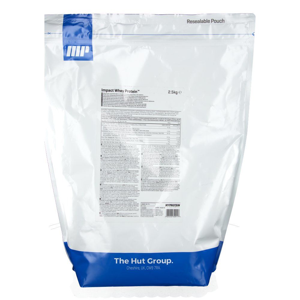 Dos du sachet. Texte : informations nutritionnelles, MYPROTEIN, The Hut Group. Base bleue et blanche.