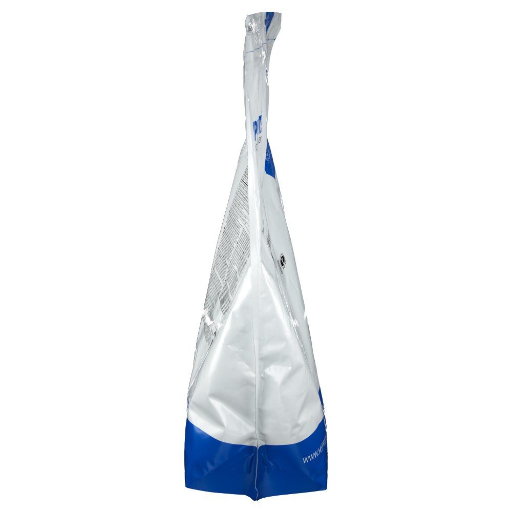 Vue latérale du sachet. Blanc avec base bleue. Fermé et tordu en haut.